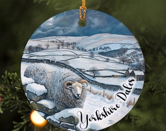 Adorno navideño personalizado de Yorkshire Dales, adorno de oveja de invierno, regalo de Yorkshire