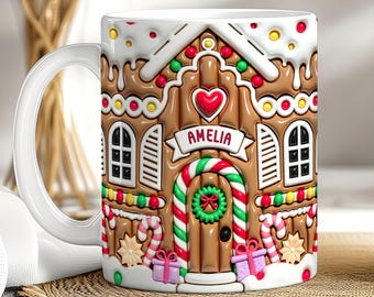 Personalised Gingerbread House Christmas Mug with Name, Hot Chocolate Mug for Kids