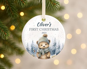 Personalised Baby's First Christmas Bauble, Teddy Bear Ornament with Name, Newborn Gift