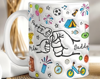 Personalised Fist Bump Mug with Kids Names, Sports Doodle Gift for Dad or Uncle
