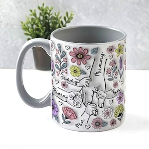 May include: A white ceramic mug with a grey handle. The mug features a floral design with handprints and the names "Mummy", "Denny", "Olivia", "Tom", and "Mia" written on it.
