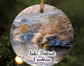 Personalised Lake District Christmas Bauble, Cumbria Winter Landscape Ornament, Lakes Gift