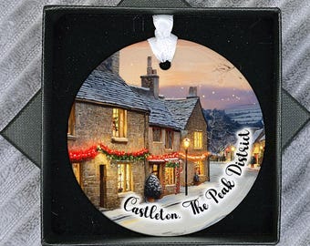 Personalised Castleton Christmas Bauble, Peak District Ornament, Derbyshire Gift