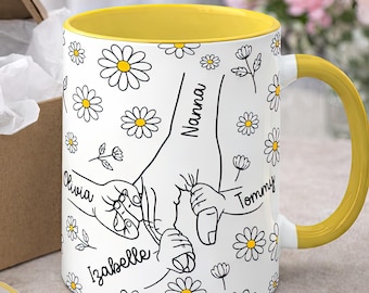 Personalised Daisy Mum Mug with Kids Names, Holding Hands Gift for Mum or Nana