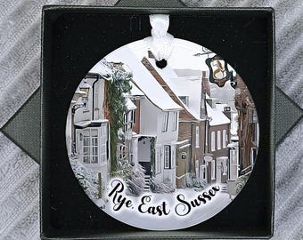 Personalised Rye Christmas Bauble, East Sussex Winter Street Ornament, Sussex Gift