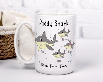 Personalised Daddy Shark Mug with Kids Names, Shark Family Gift for Dad or Grandad