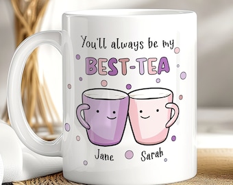 Personalised Bestie Tea Mug with Names, Smiling Teacups Friendship Gift for Sister or Friend