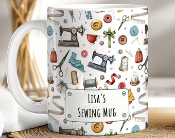 Personalised Sewing Mug with Name, Vintage Sewing Machine Gift for Sewists and Quilters