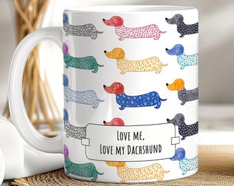 Personalised Dachshund Mug with Custom Text, Colourful Sausage Dog Pattern Gift for Dog Lovers