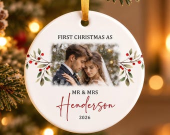 Personalised First Christmas as Mr and Mrs Photo Bauble, Wedding Photo Christmas Ornament