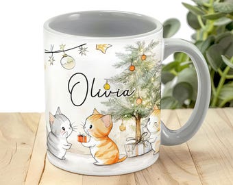 Personalised Christmas Kitten Mug with Name, Watercolour Cats Gift for Cat Lovers or Kids