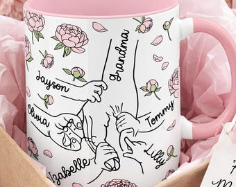Personalised Peony Mug for Grandma with Grandchildren's Names, Holding Hands Gift for Nana