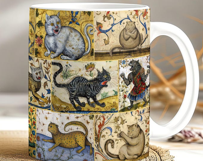 Medieval Cats Coffee Mug: Gothic Art, Witchy Gift