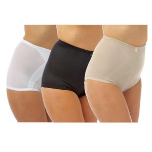 May include: A set of three high-waisted briefs in white, black, and beige. Each pair features a solid color, a full-coverage cut, and subtle stitched detailing along the sides. The waistbands are elasticized, and each pair includes a small decorative accent.