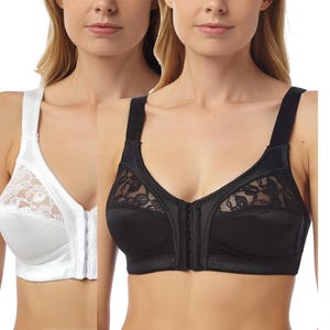 Könnte beinhalten: Zwei BHs werden gezeigt, einer weiß und einer schwarz. Der weiße BH hat eine Spitzenauflage auf den Cups und einen Frontverschluss. Der schwarze BH hat ebenfalls eine Spitzenauflage und einen Frontverschluss. Beide BHs haben breite Schulterträger.