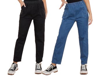 Womens Elasticated Waist Jeggings, Ladies Denim Comfy Straight Fit Stretch Mom Jeans Trousers
