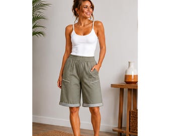 Ladies Capri Cropped Summer Shorts, Elasticated Waist Casual Pant