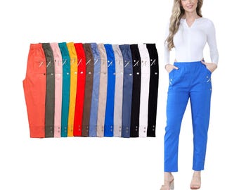 Women Cherry Berry Full Length Cotton Trouser, Ladies Casual Stretchy Summer Pant