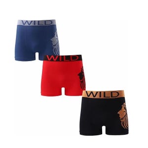 May include: Three pairs of boxer shorts in blue, red, and black. Each pair has the word "WILD" on the waistband and a lion's head graphic. The shorts are made of a soft, comfortable material.