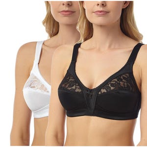 May include: Two bras are displayed, one white and one black. The white bra has a lace overlay on the cups. The black bra has a lace overlay on the upper cups and a center bow detail. Both bras have wide straps.