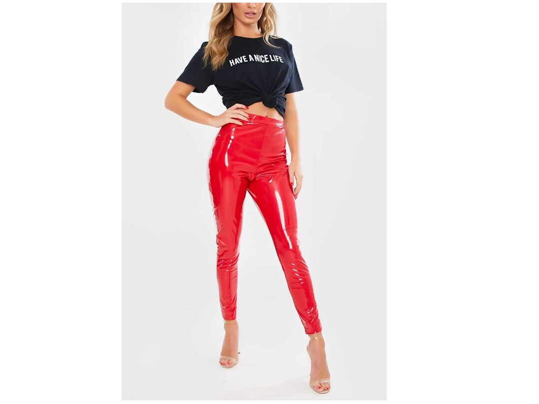 Women Vinyl PVC Shiny Disco Pant, Ladies Wet Look Elasticated High ...