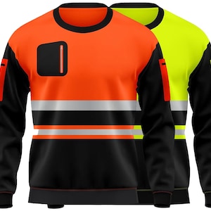Pode incluir: Duas camisolas de trabalho de manga comprida. Uma é laranja brilhante com mangas pretas e faixas refletoras. A outra é amarelo néon com mangas pretas. Ambas têm um pequeno bolso no peito e detalhes refletores.