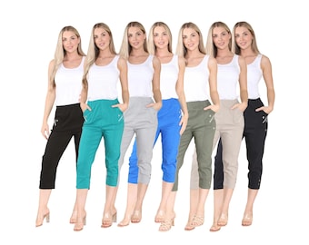Women Cropped Trousers Three Quarter Trouser, Ladies Button Detail Capri 3/4 Length