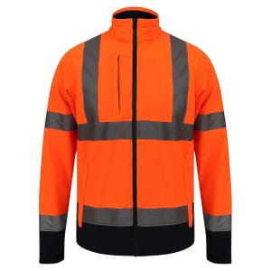Könnte beinhalten: Leuchtend orange Arbeitsjacke mit reflektierenden grauen Streifen und schwarzen Akzenten. Sie hat einen durchgehenden Reißverschluss, eine kleine Brusttasche und einen hohen Kragen. Für Sicherheit konzipiert.
