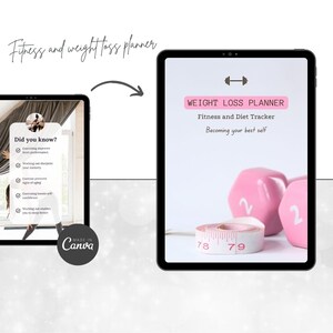 May include: A pink and white weight loss planner with the text "WEIGHT LOSS PLANNER" and "Fitness and Diet Tracker" on a white background. The planner also includes a pink measuring tape and two pink dumbbells with the number "2" on them.