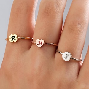 Anillo de esmalte, anillo redondo, anillo de trébol, anillo delicado, anillo minimalista de oro, anillo de corazón, regalo del día de San Valentín, regalo de cumpleaños, anillo de letras