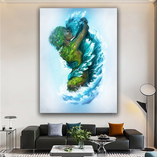 Peinture sur toile de terre et d’eau, peinture sur toile texturée, impression sur toile pour les amoureux de la nature, décoration d’amour de l’eau et de la terre