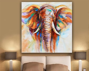 カラフルな象のオリジナル水彩画 レインボー象 風水 野生動物 動物