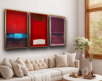 May include: Three abstract paintings in gold frames, each with a different colour scheme. The first painting is red with a blue stripe, the second is red with a white stripe, and the third is purple with a black stripe.