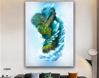 Earth And Water Canvas Painting, Paint Textured Canvas Painting, Nature Lovers Canvas Print, Water And Earth's Love Decoration