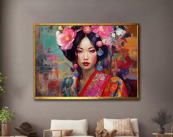 Asian Woman Canvas,Geisha Wall Decor, Japan Woman Art, Japanese Wall Art, Geisha Japanese Art Framed Poster,Asian Art,Woman Home Decor