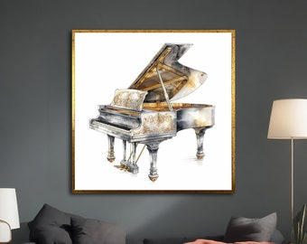 May include: A watercolor painting of a grand piano with the lid open. The piano is painted in shades of gray and gold, with intricate details on the body. The piano is set against a white background.