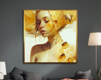 May include: A digital painting of a woman with honey dripping down her face and body. The woman is surrounded by honeycomb and bees. The painting is in a gold frame.