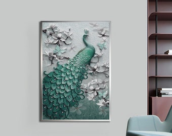 Tela di pavone, decorazione murale floreale verde pavone, arte degli animali, idee di arredamento moderno con diverse opzioni di cornice per la casa e l'ufficio