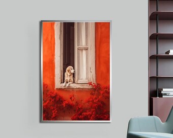 Dog Canvas, Dog looking out the window,animal Art, Modern Decor Ideas with Different Frame Options for Your Home and Office