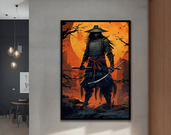 May include: A digital painting of a samurai warrior standing in front of a large orange moon. The samurai is wearing traditional armor and a straw hat. He is holding a katana sword in his right hand.