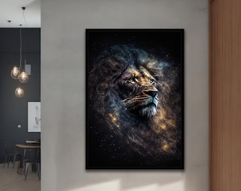 Dipinto su tela raffigurante un leone, dipinto su tela raffigurante un leone, dipinto su tela raffigurante un animale, con diverse opzioni di cornice per idee di arredamento moderne per la casa e l'ufficio.