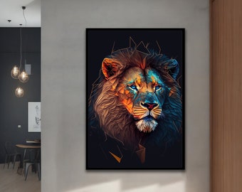 Dipinto su tela raffigurante un leone, quadro su tela raffigurante un leone, quadro su tela raffigurante animali, con diverse opzioni di cornice per idee di arredamento moderno per la casa e l'ufficio.