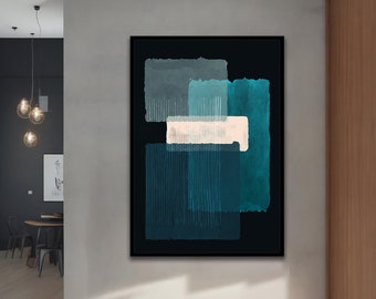 May include: Abstract art print with teal, blue, and white geometric shapes on a black background.
