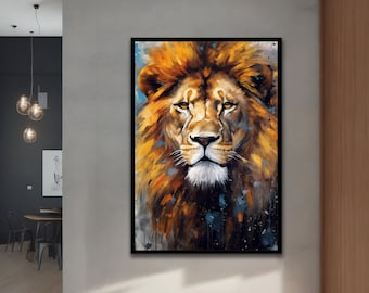 Dipinto su tela raffigurante un leone, quadro su tela raffigurante un leone, quadro su tela raffigurante animali, con diverse opzioni di cornice per idee di arredamento moderno per la casa e l'ufficio.