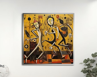 May include: Abstract painting of three figures dancing on a yellow background. The figures are stylized and have geometric shapes. The painting is framed in a silver frame.