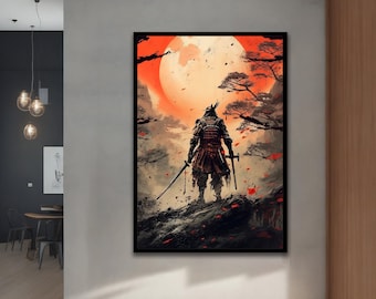 May include: A digital painting of a samurai warrior standing in a forest with a large red moon in the background. The samurai is wearing traditional armor and holding a sword. The forest is filled with trees and leaves, and the moon is casting a warm glow on the scene.