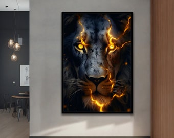 Dipinto su tela raffigurante un leone, quadro su tela raffigurante un leone, quadro su tela raffigurante animali, con diverse opzioni di cornice per idee di arredamento moderno per la casa e l'ufficio.