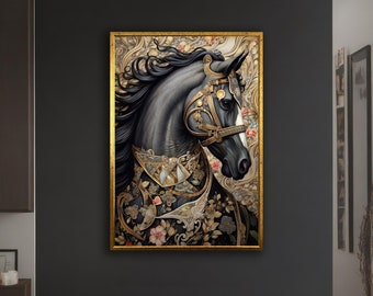 May include: A black horse with a gold and floral patterned bridle and chest piece. The horse's head is turned to the side, and its mane is flowing in the wind. The background is a gold and floral pattern.