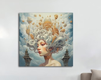 May include: A surreal painting of a woman with a cloud-like head. The clouds are shaped like buildings and are filled with gold accents. The woman has a soft, delicate face and is looking down. The background is a light blue sky with white clouds.