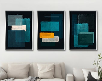 May include: Three abstract art prints with a black background and geometric shapes in shades of blue, green, and yellow.